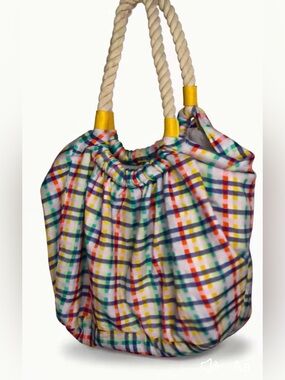 NWT KERRI ROSENTHAL Colorful Plaid Rope-Handle Tote Bag - Yellow Accents